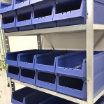 Small parts shelving 2100x1000x400, 32 bins 400x230x150 PPS +16 dividers