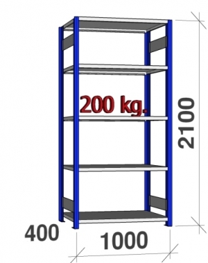 Lagerhylla startsektion 2100x1000x400 200kg/hyllplan,5 hyllor, blå/galv