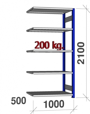 Lagerhylla följesektion 2100x1000x500 200kg/hyllplan,5 hyllor, blå/galv