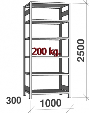 Varastohylly perusosa 2500x1000x300 200kg/hyllytaso,6 tasoa