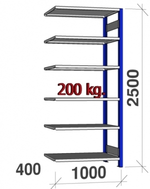 Lagerhylla följesektion 2500x1000x400 200kg/hyllplan,6 hyllor, blå/galv