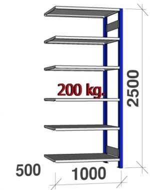 Lagerhylla följesektion 2500x1000x500 200kg/hyllplan,6 hyllor, blå/ljusgrå