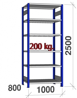 Starter bay 2500x1000x800 200kg/shelf,6 shelves, blue/Zn