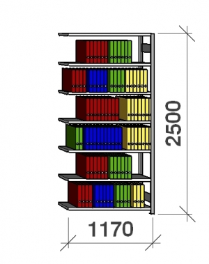 Arkivhylla följesektion 2500x1170x300 200kg/hyllplan,7 hyllor