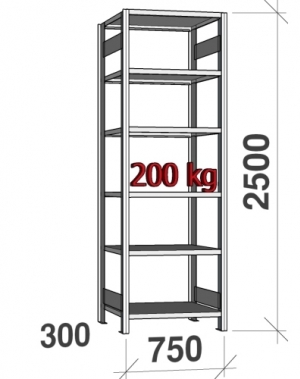 Starter bay 2500x750x300 200kg/shelf,6 shelves