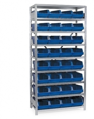 Small parts shelving 2100x1000x500, 32 bins 500x230x150 PPS used