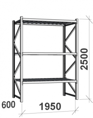 Lagerhylla startsektion 2500x1950x600 440kg/hyllplan,3 hyllor MAXI