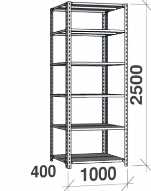 Angle shelf 2500x1000x400, 6 levels,120kg/level, gray upright/galv. shelves