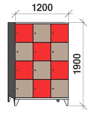 Klädskåp, 12 dörrar, 1900x1200x545 mm