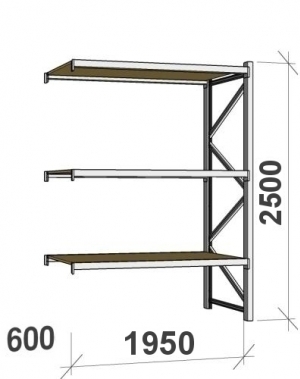 Lagerhylla följesektion 2500x1950x600 440kg/hyllplan 3 hyllor, spånskiva