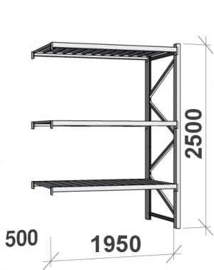 Lagerhylla följesektion 2500x1950x500 440kg/hyllplan,3 hyllor MAXI