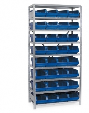 Small parts shelving 2100x1000x500, 32 bins 500x230x150 PPS +16 dividers