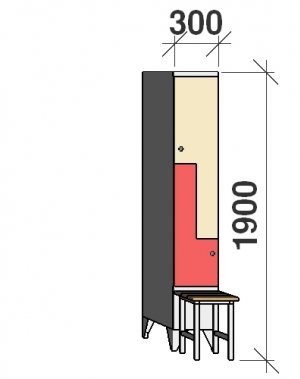 Z-skåp, 2 dörrar, 1900x300x845, med bänk