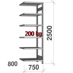 Lagerhylla följesektion 2500x750x800 200kg/hyllplan,6 hyllor